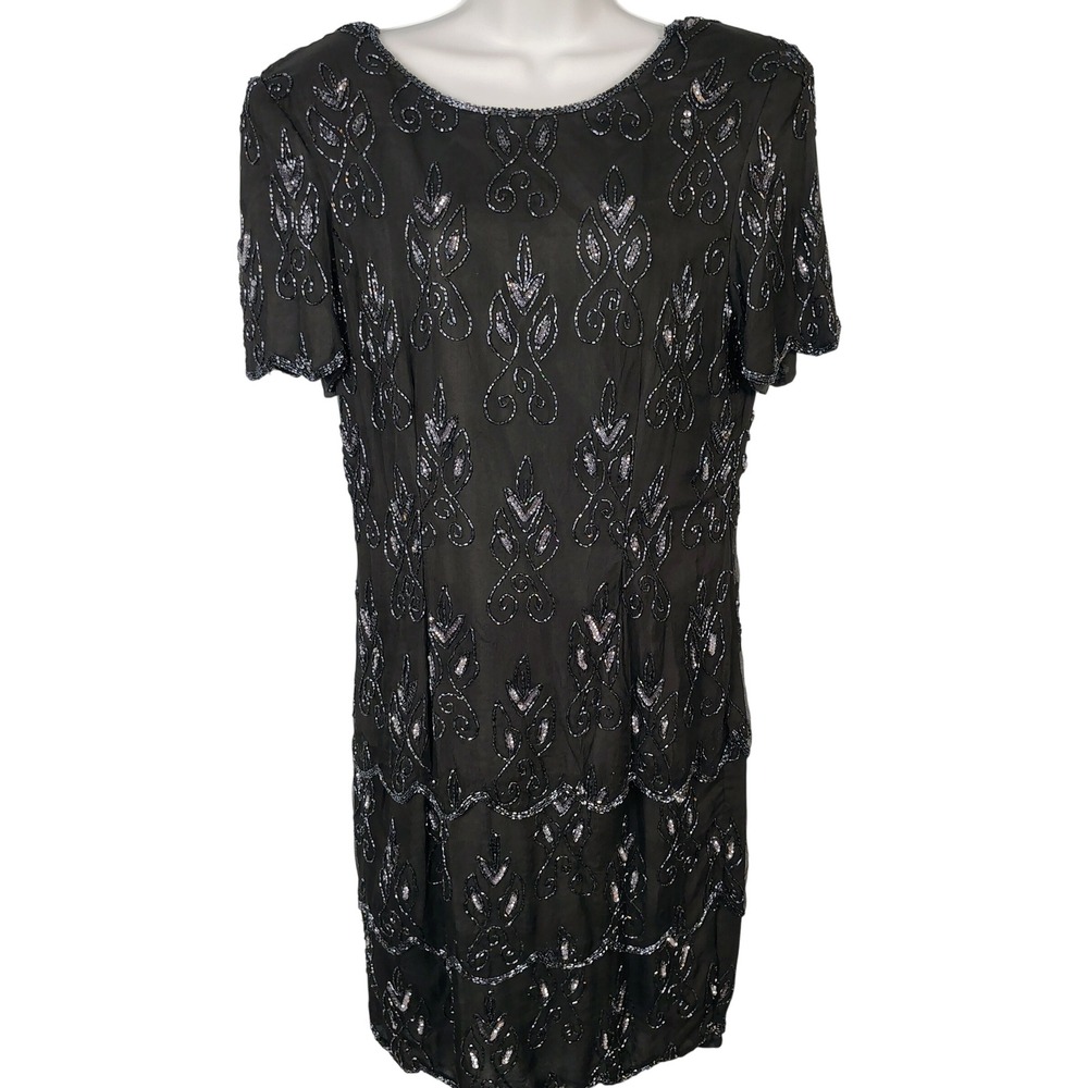 Stenay Vintage Silk Beaded Sequin Tiered Scalloped Hem Dress Black Silver Sz 12